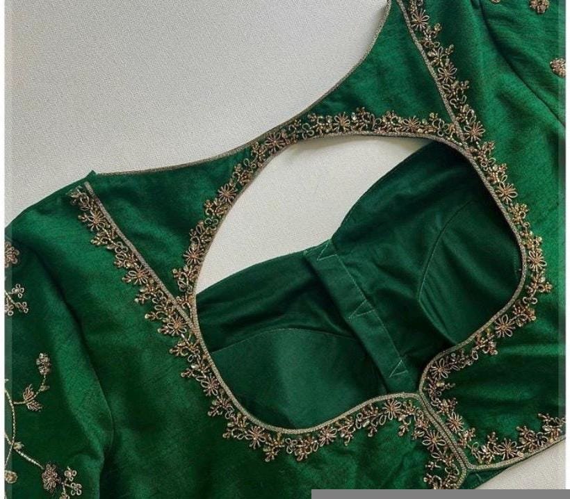Hand Embroidered Zardosi Blouse: Green Raw Silk Maggam Blouse