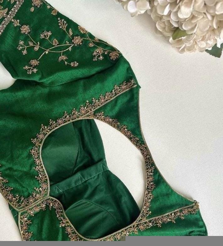Hand Embroidered Zardosi Blouse: Green Raw Silk Maggam Blouse