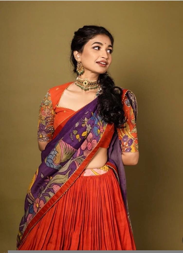 Hand-Painted Kalamkari Lehenga Set/Orange Silk Crop Top,Green Dupatta, Kalamkari lehenga set,hand painted lehenga set,kalamkari skirtset usa