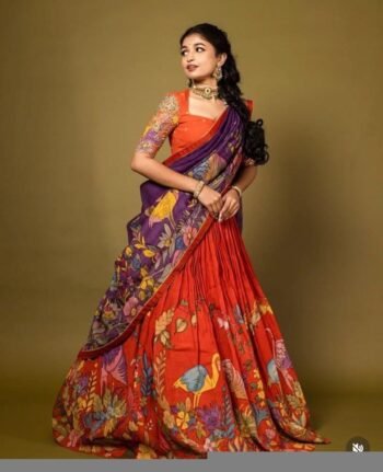 Hand-Painted Kalamkari Lehenga Set/Orange Silk Crop Top,Green Dupatta, Kalamkari lehenga set,hand painted lehenga set,kalamkari skirtset usa