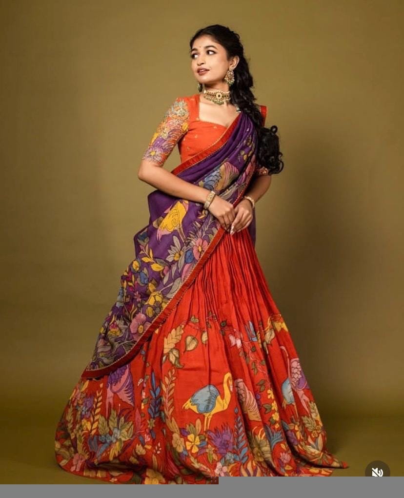 Hand-Painted Kalamkari Lehenga Set/Orange Silk Crop Top,Green Dupatta, Kalamkari lehenga set,hand painted lehenga set,kalamkari skirtset usa