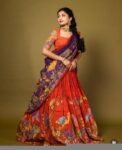 Hand-Painted Kalamkari Lehenga Set/Orange Silk Crop Top,Green Dupatta, Kalamkari lehenga set,hand painted lehenga set,kalamkari skirtset usa
