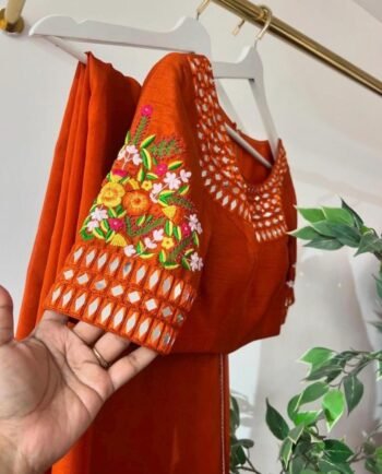 Orange Floral Organza Silk Saree: Embroidered Blouse,
