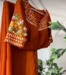 Orange Floral Organza Silk Saree: Embroidered Blouse, USA
