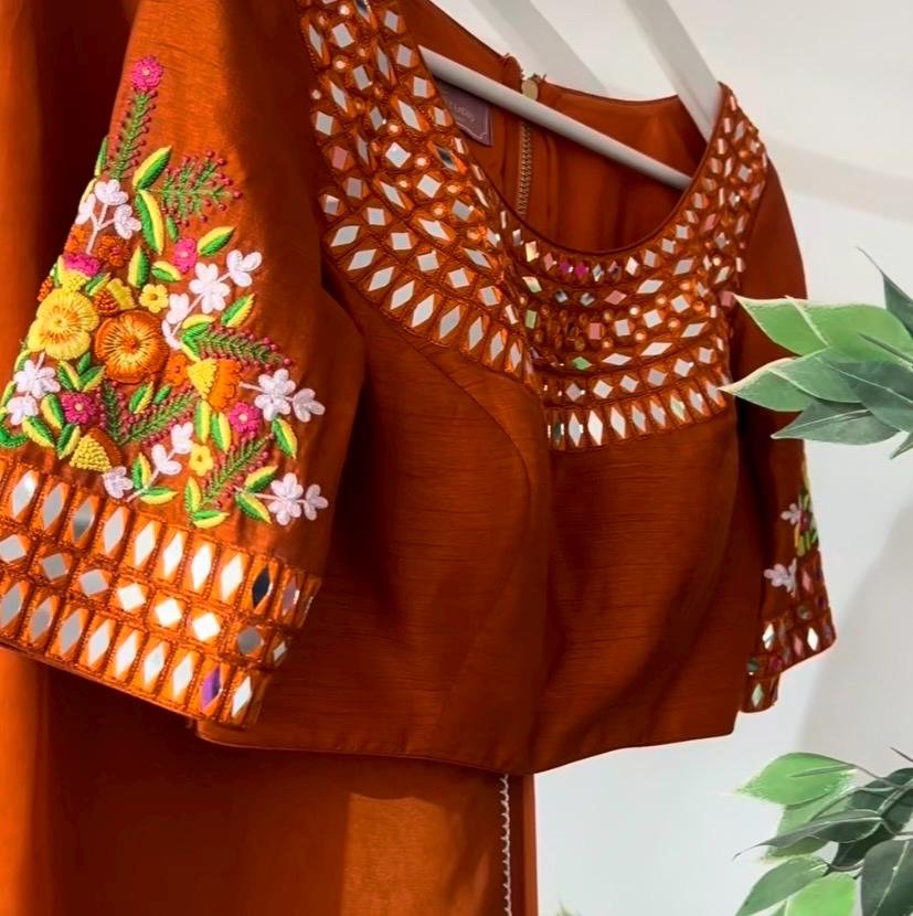Orange Floral Organza Silk Saree: Embroidered Blouse, USA
