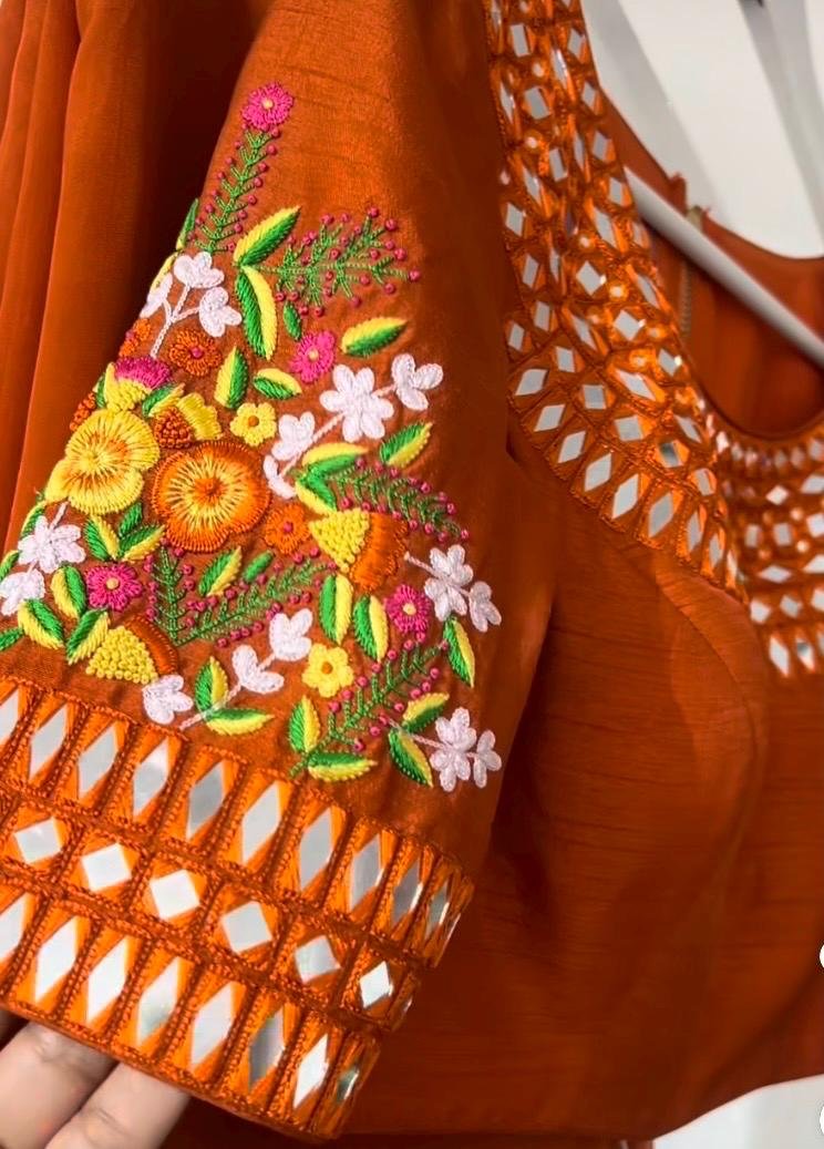 Orange Floral Organza Silk Saree: Embroidered Blouse, USA