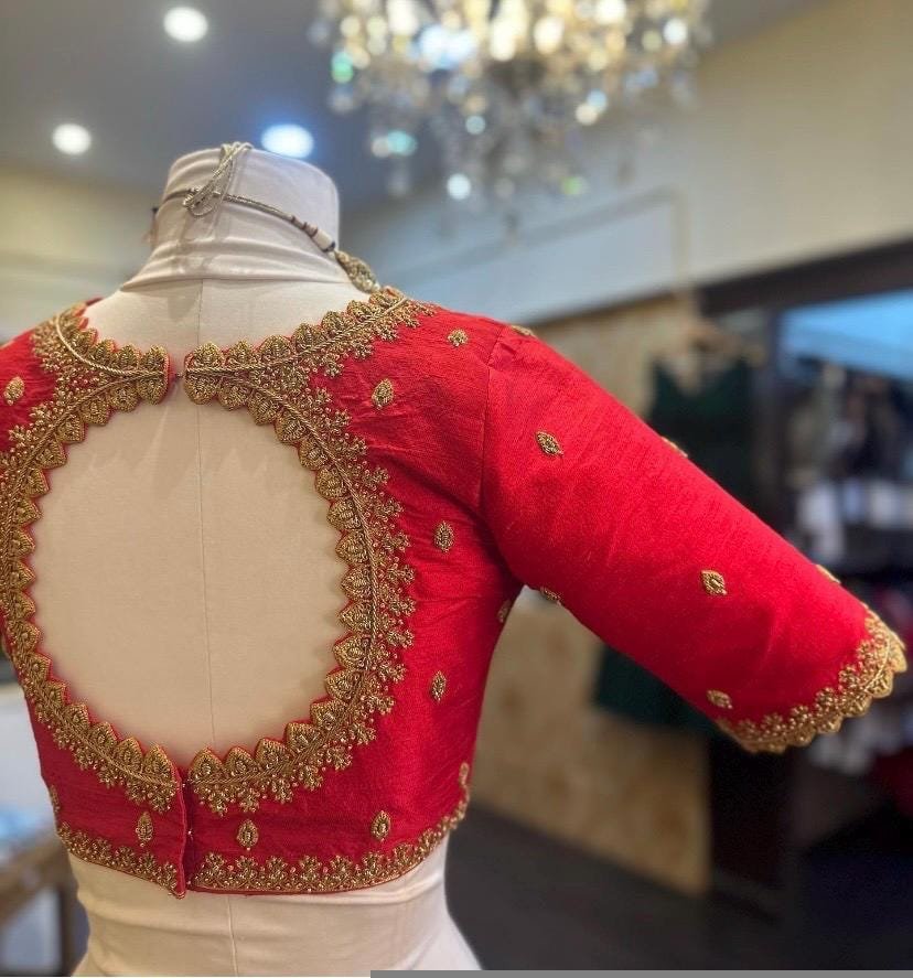 pure silk red hand embroidery blouse /saree maggam blouse/raw silk zardosi blouse /red hand embroidered blouse/ready made blouse zardosi