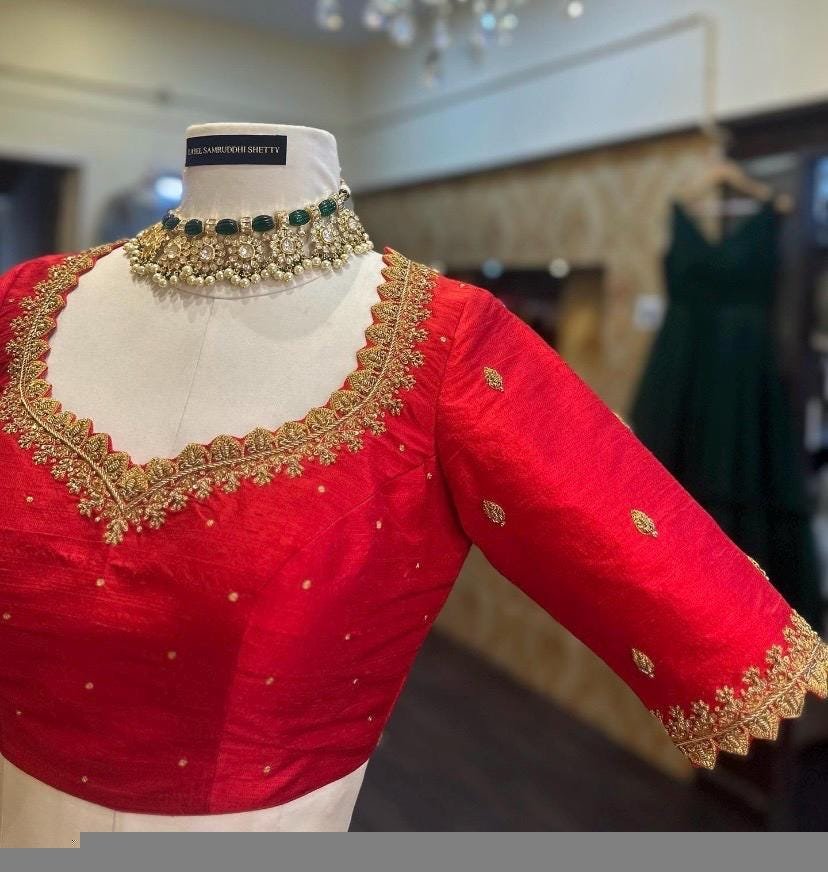 pure silk red hand embroidery blouse /saree maggam blouse/raw silk zardosi blouse /red hand embroidered blouse/ready made blouse zardosi