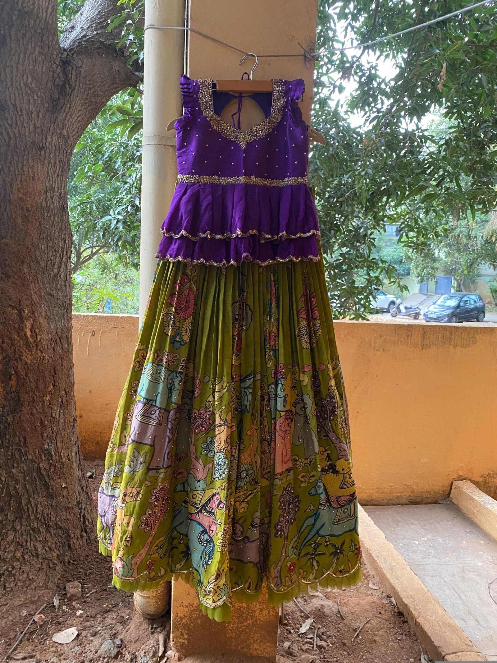 Hand-Painted Kalamkari Lehenga Set: Purple Crop Top, Silk Skirt