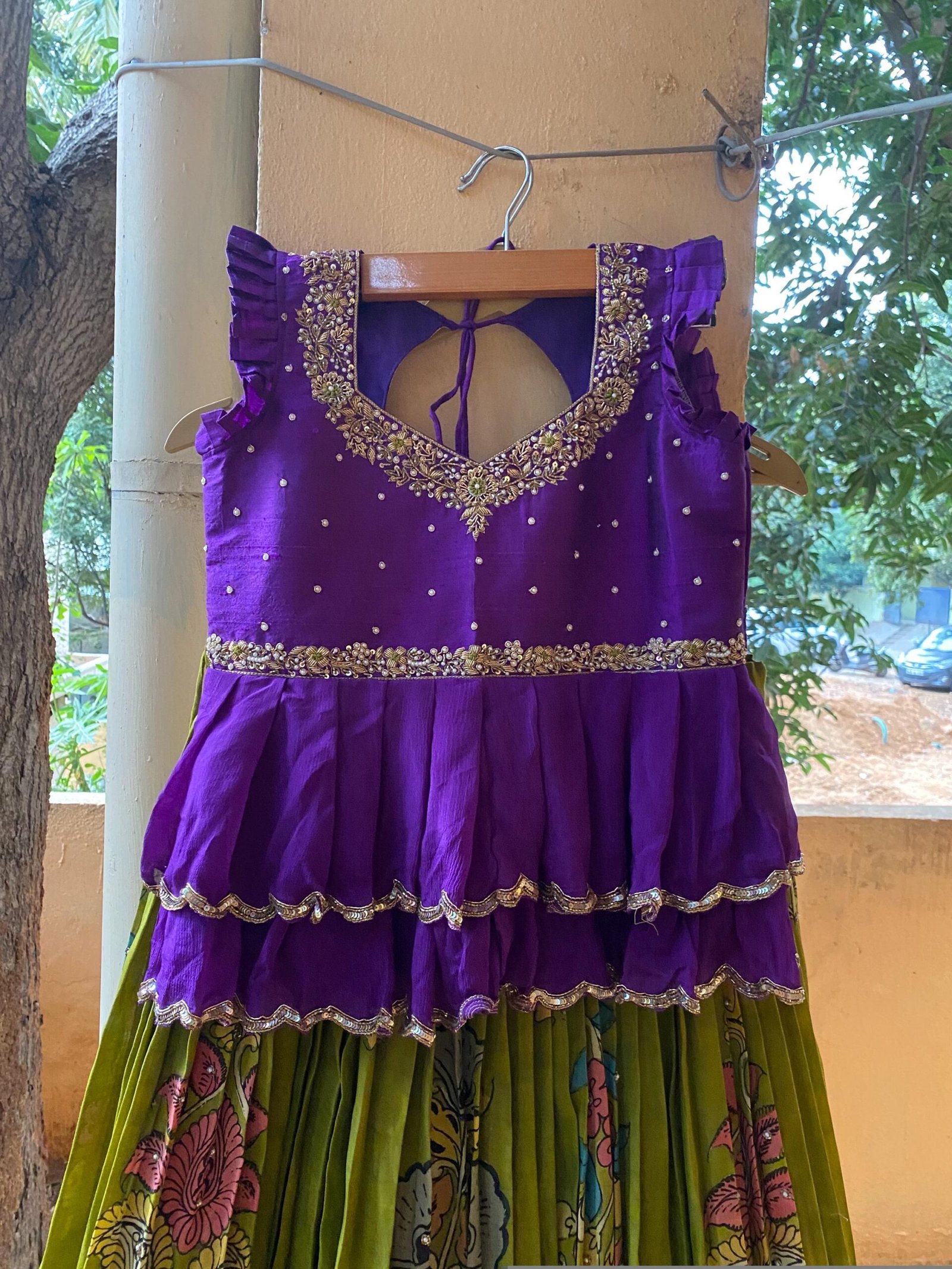 Hand-Painted Kalamkari Lehenga Set: Purple Crop Top, Silk Skirt