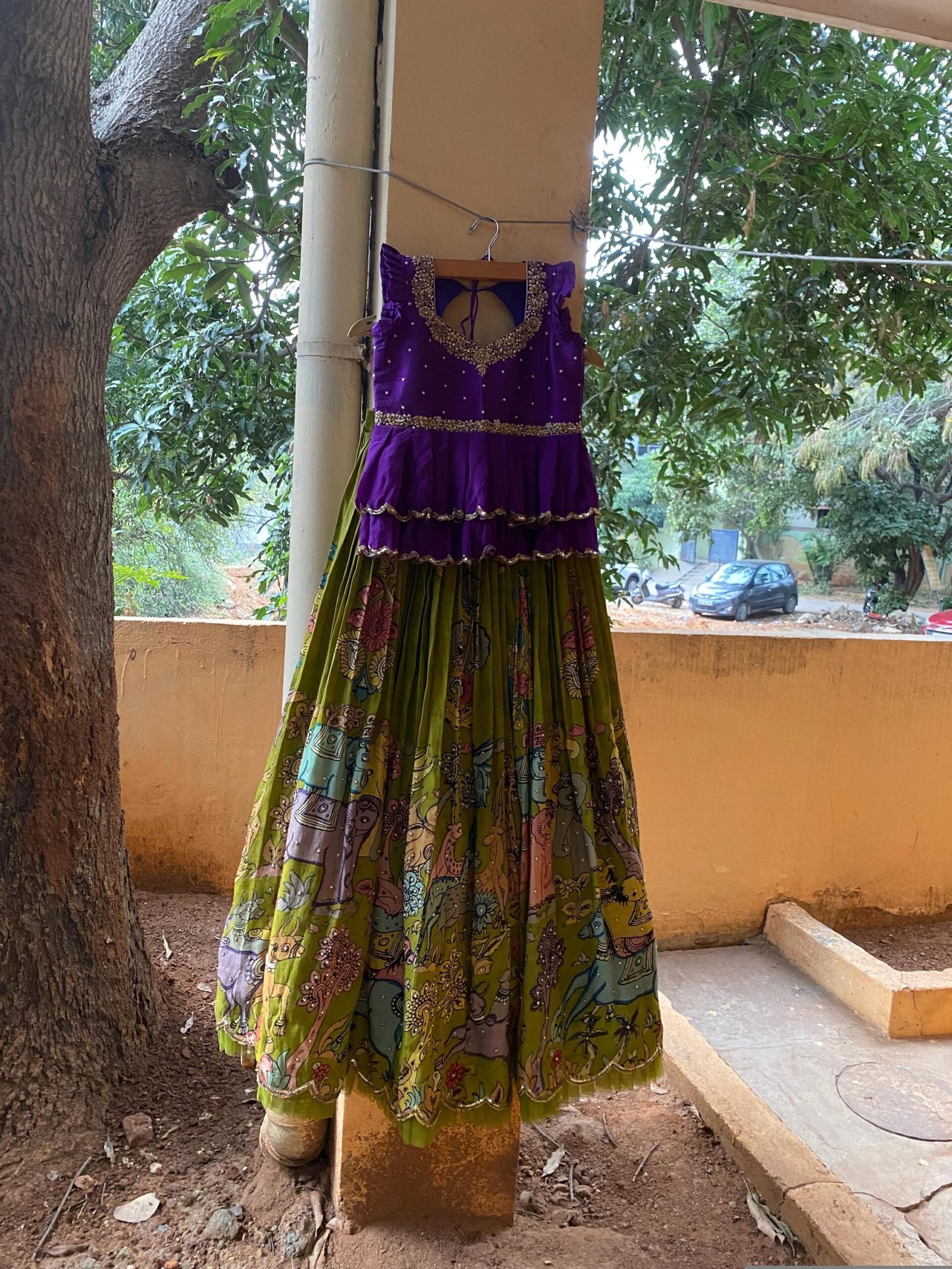 Hand-Painted Kalamkari Lehenga Set: Purple Crop Top, Silk Skirt