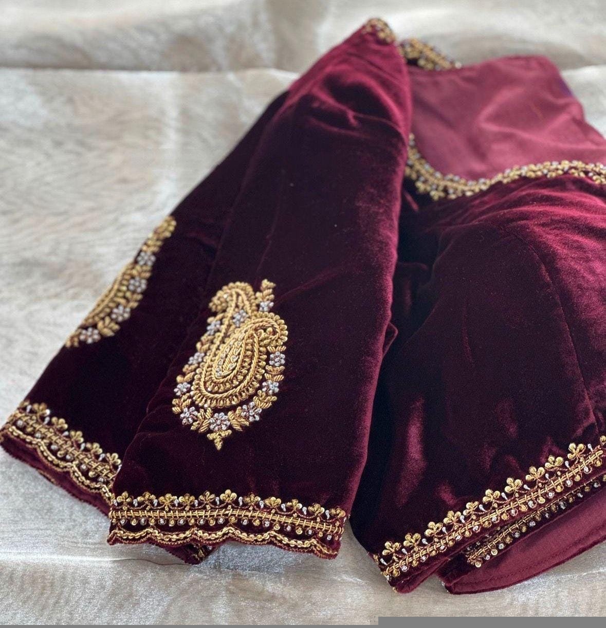 pure velvet hand embroidery blouse/v neck maggam blouse/red zardosi blouse/velvet hand embroidered blouse/burgundy velvet ready made blouse