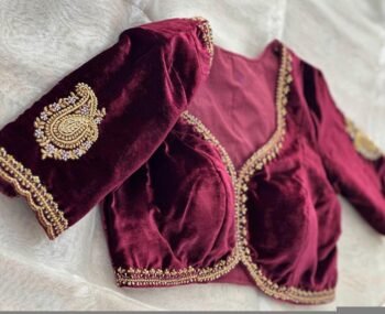 pure velvet hand embroidery blouse/v neck maggam blouse/red zardosi blouse/velvet hand embroidered blouse/burgundy velvet ready made blouse