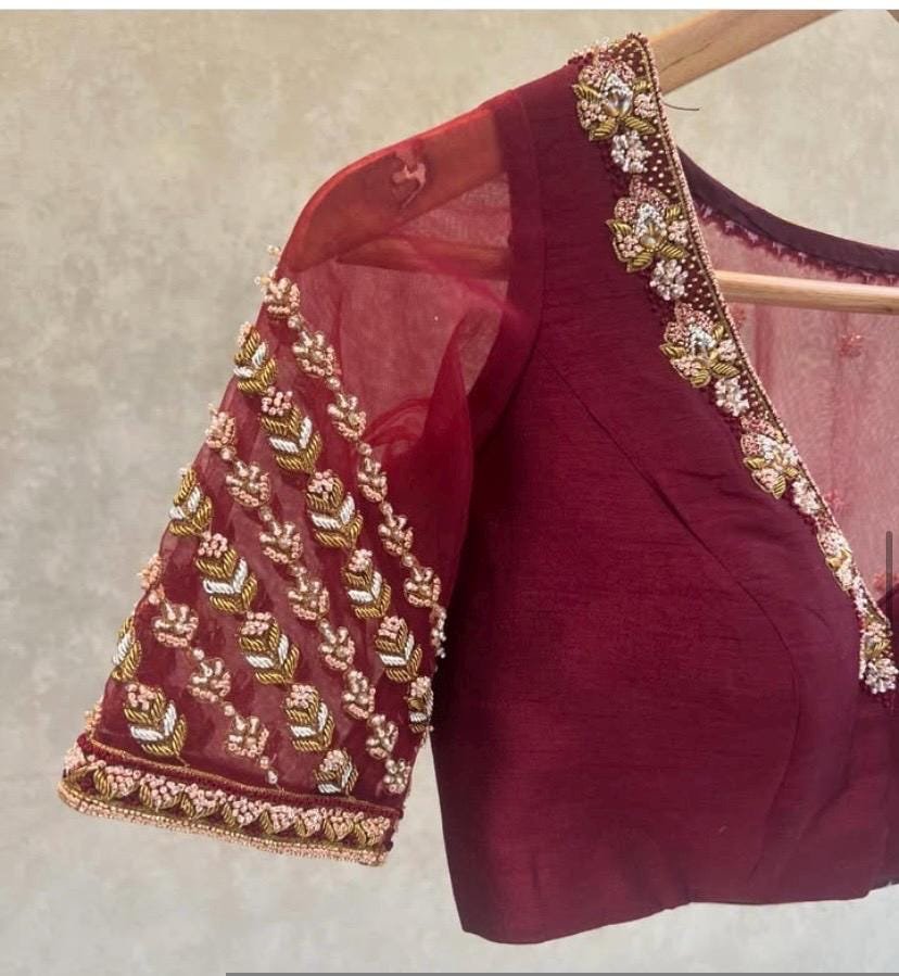 pure silk hand embroidery blouse /saree maggam blouse /red zardosi blouse /maroon red hand embroidered blouse /red ready made blouse zardosi