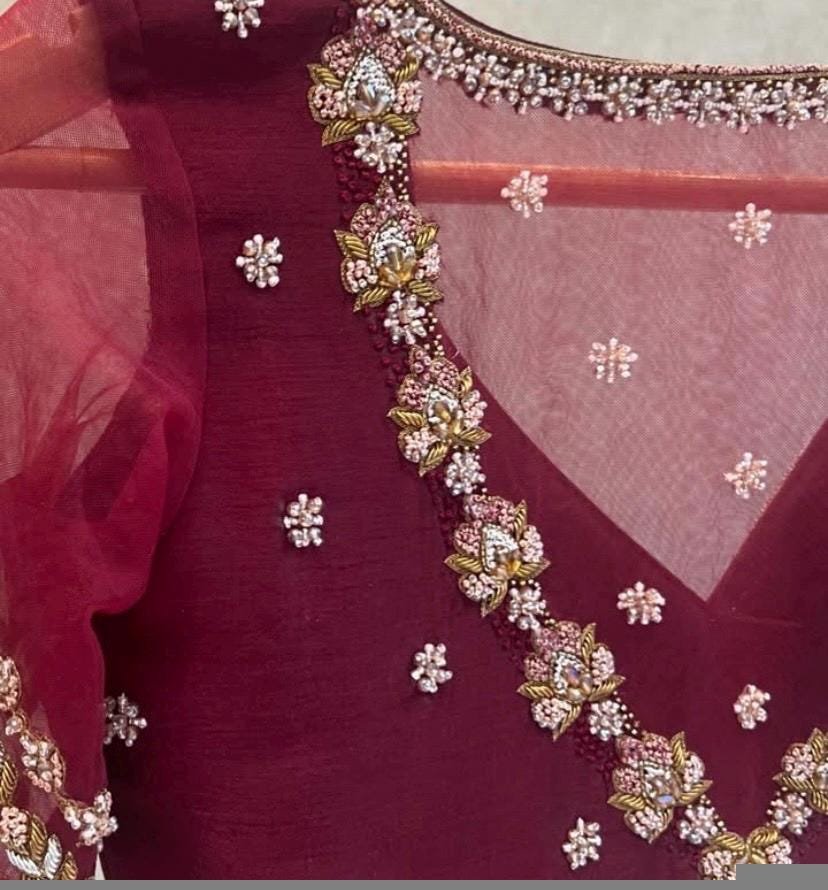 pure silk hand embroidery blouse /saree maggam blouse /red zardosi blouse /maroon red hand embroidered blouse /red ready made blouse zardosi