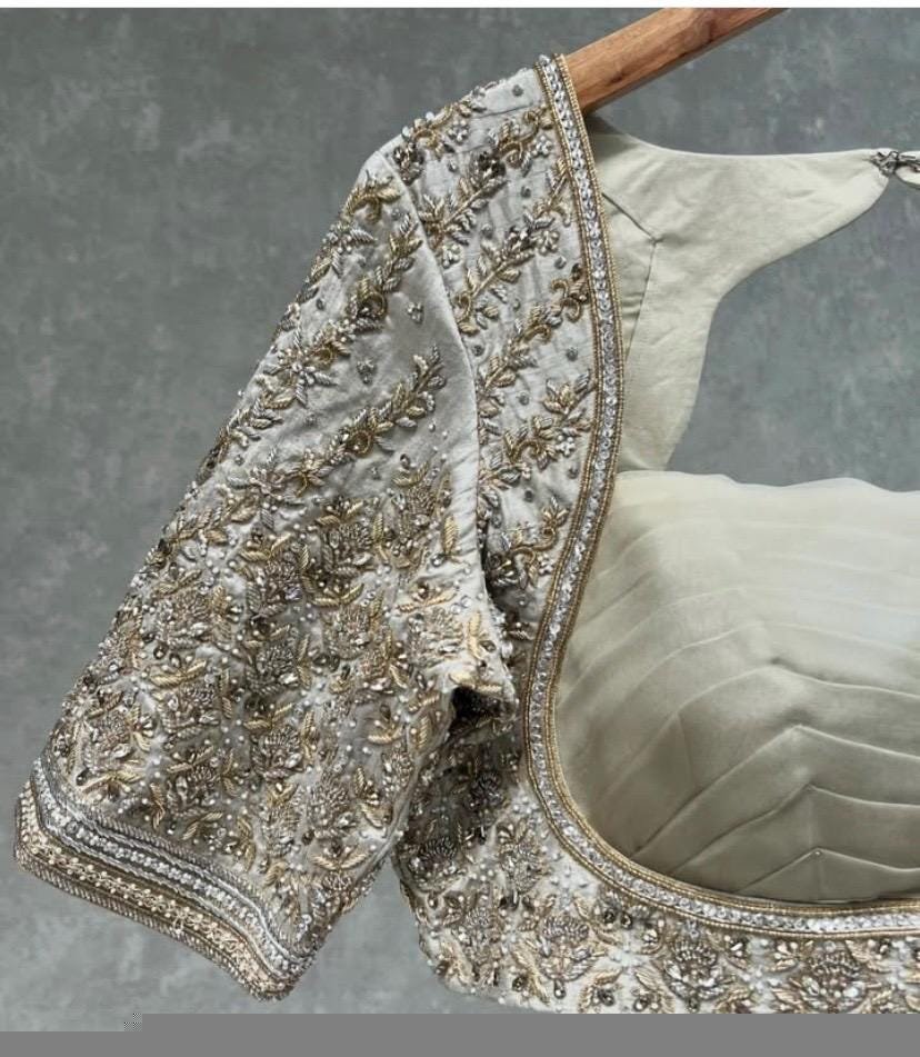 pure silk hand embroidery blouse/cream saree maggam blouse/raw silk zardosi blouse/hand embroidered blouse/cream ready made blouse zardosi