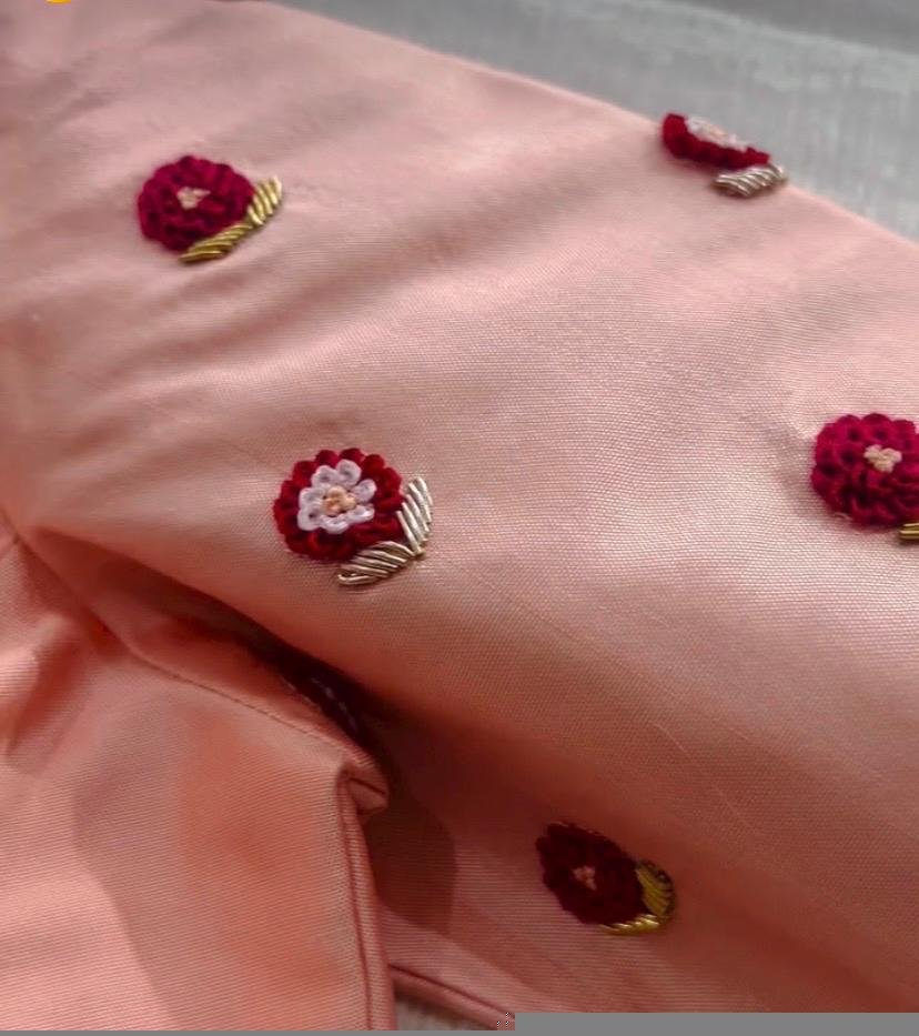 pure silk hand embroidery blouse/peach maggam blouse/peach hand embroidered blouse/peach ready made blouse zardosi/peach multicolor blouse