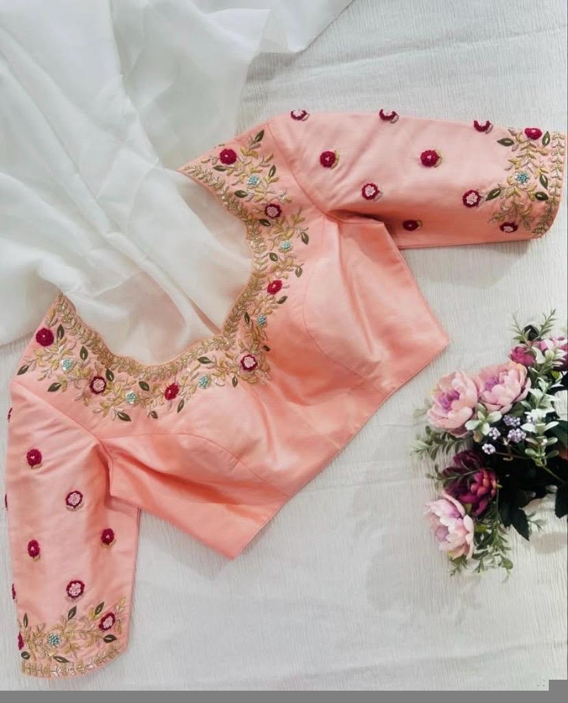 pure silk hand embroidery blouse/peach maggam blouse/peach hand embroidered blouse/peach ready made blouse zardosi/peach multicolor blouse