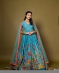 Hand-Painted Kalamkari Anarkali Dress with Dupatta: Blue Silk Embroidered Gown