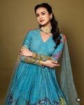 Hand-Painted Kalamkari Anarkali Dress with Dupatta: Blue Silk Embroidered Gown
