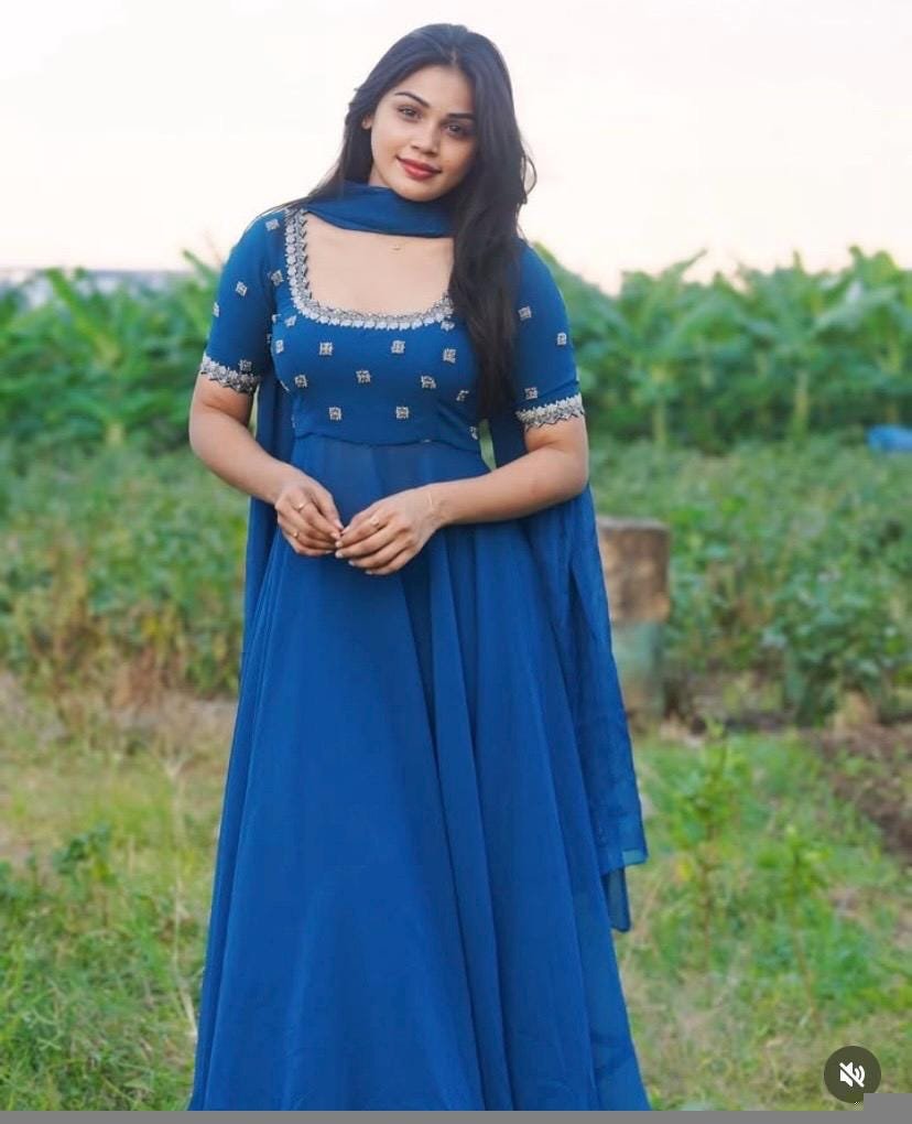 Hand Embroidered Blue Georgette Anarkali Dress with Dupatta