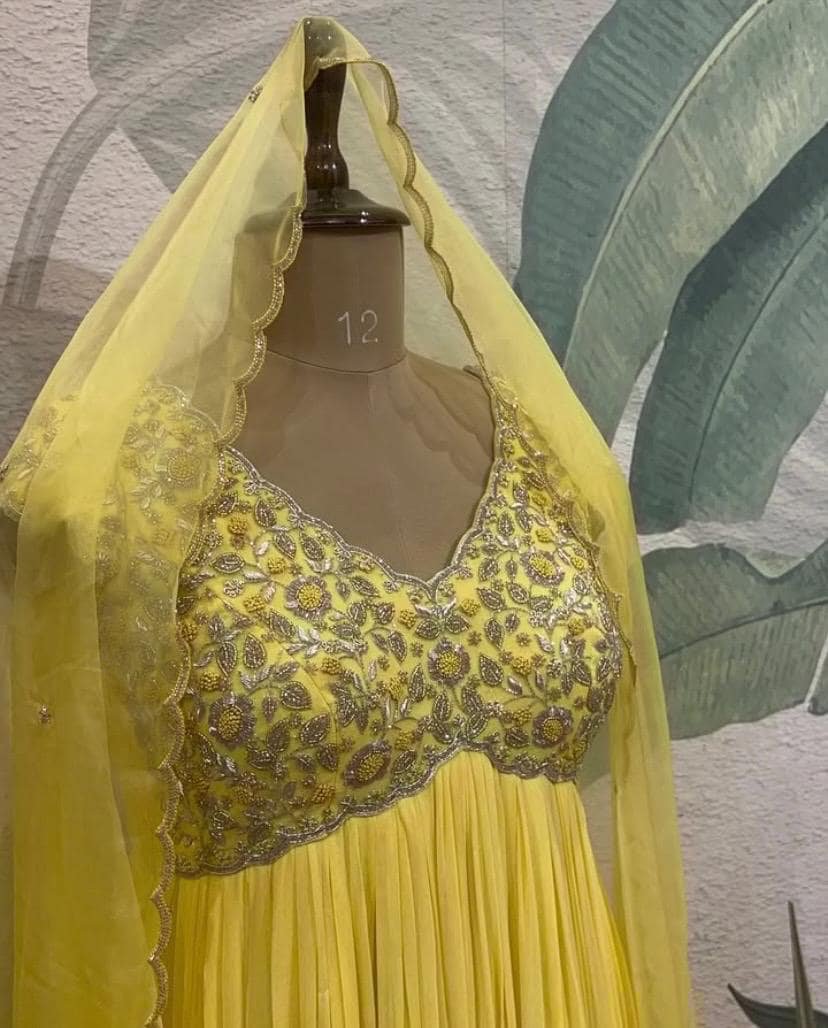 Mustard Yellow Anarkali Suit: Hand Embroidered Georgette Haldi Dress