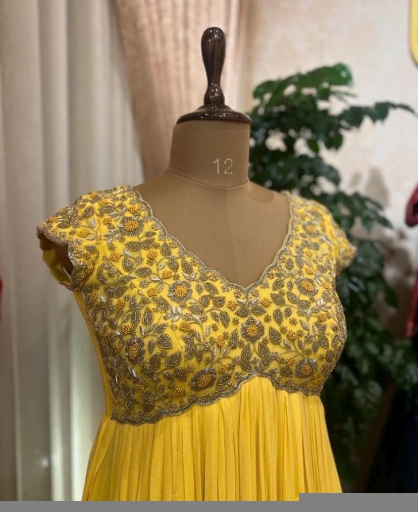 Mustard Yellow Anarkali Suit: Hand Embroidered Georgette Haldi Dress