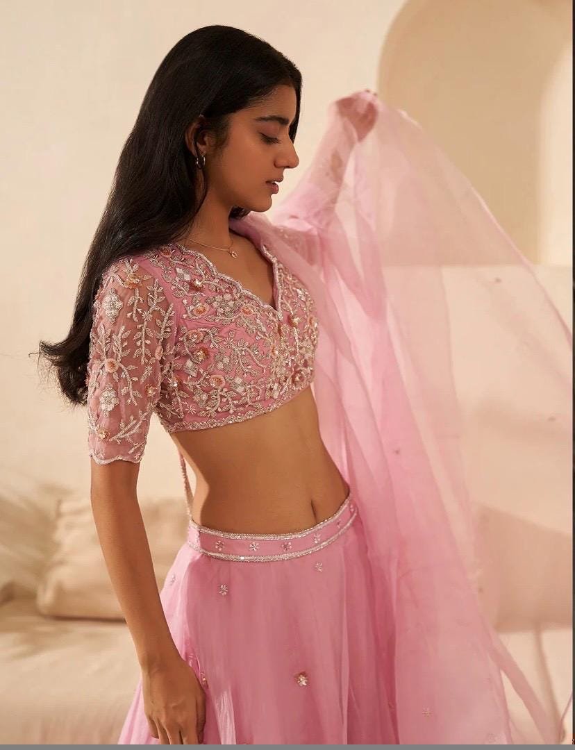 Hand Embroidered Pink Lehenga Set: Organza Silk Indian Crop Top Skirt