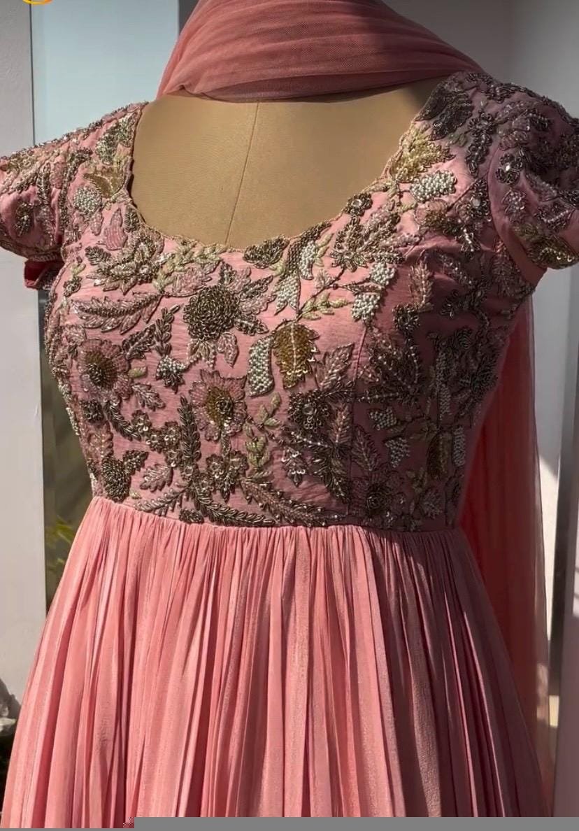 Pink Anarkali Suit: Hand Embroidered Zardosi Indian Dress