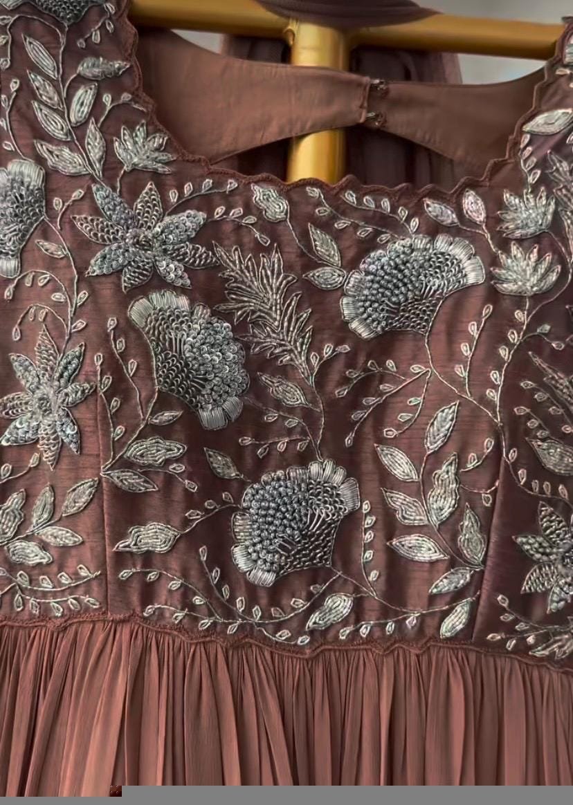 Brown Anarkali Suit Set: Hand Embroidered Zardosi Indian Dress