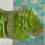 Hand Embroidered Velvet Saree Blouse: Green Zardosi Maggam Work