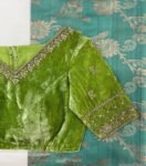Hand Embroidered Velvet Saree Blouse: Green Zardosi Maggam Work