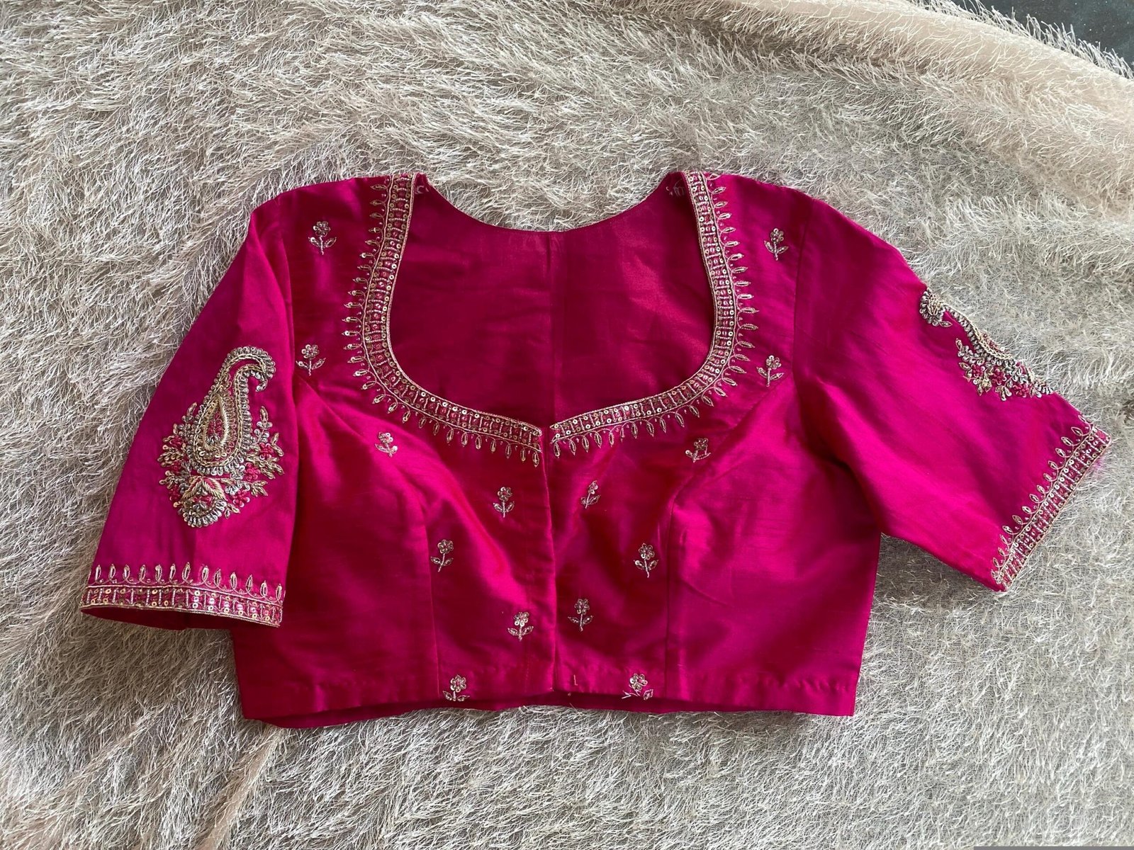 pure silk hand embroidery blouse/reddish pink maggam blouse /raw silk zardosi blouse/hand embroidered blouse /red ready made blouse zardosi