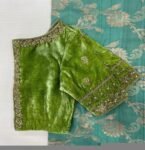 Hand Embroidered Velvet Saree Blouse: Green Zardosi Maggam Work