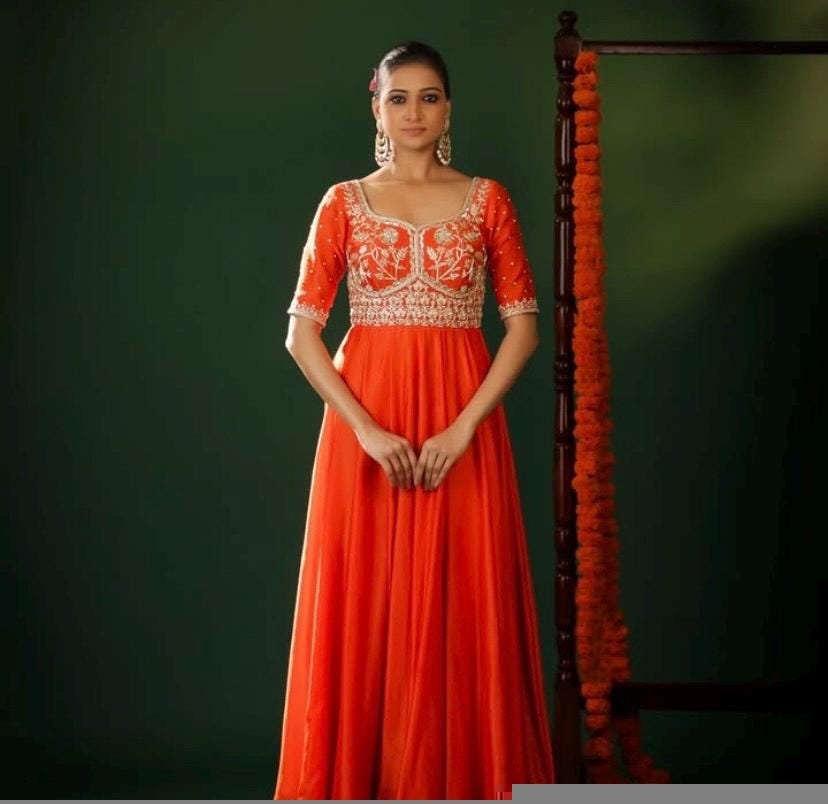 Orange Anarkali suit usa/anarkali red kurta full sleeve/orange elbow sleeve anarkali/orange dress anarkali/Indian dresses/orange anarkali