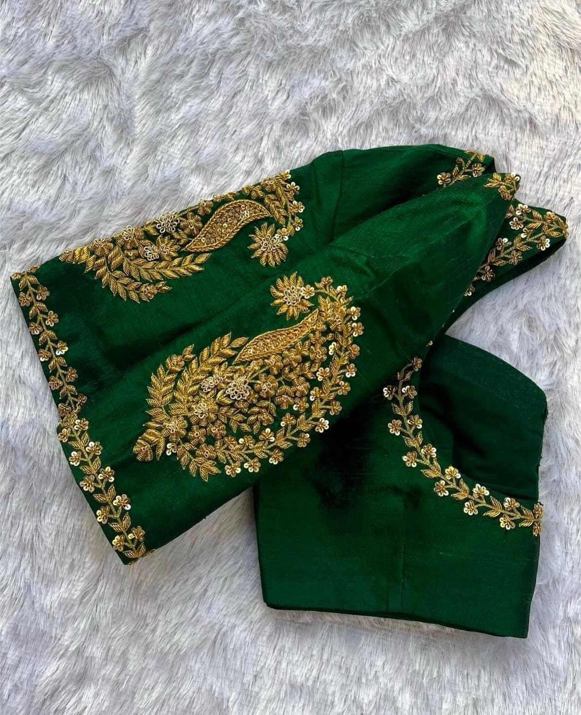 pure silk hand embroidery blouse/short sleeve maggam blouse/raw silk zardosi blouse/hand embroidered blouse/green ready made blouse zardosi
