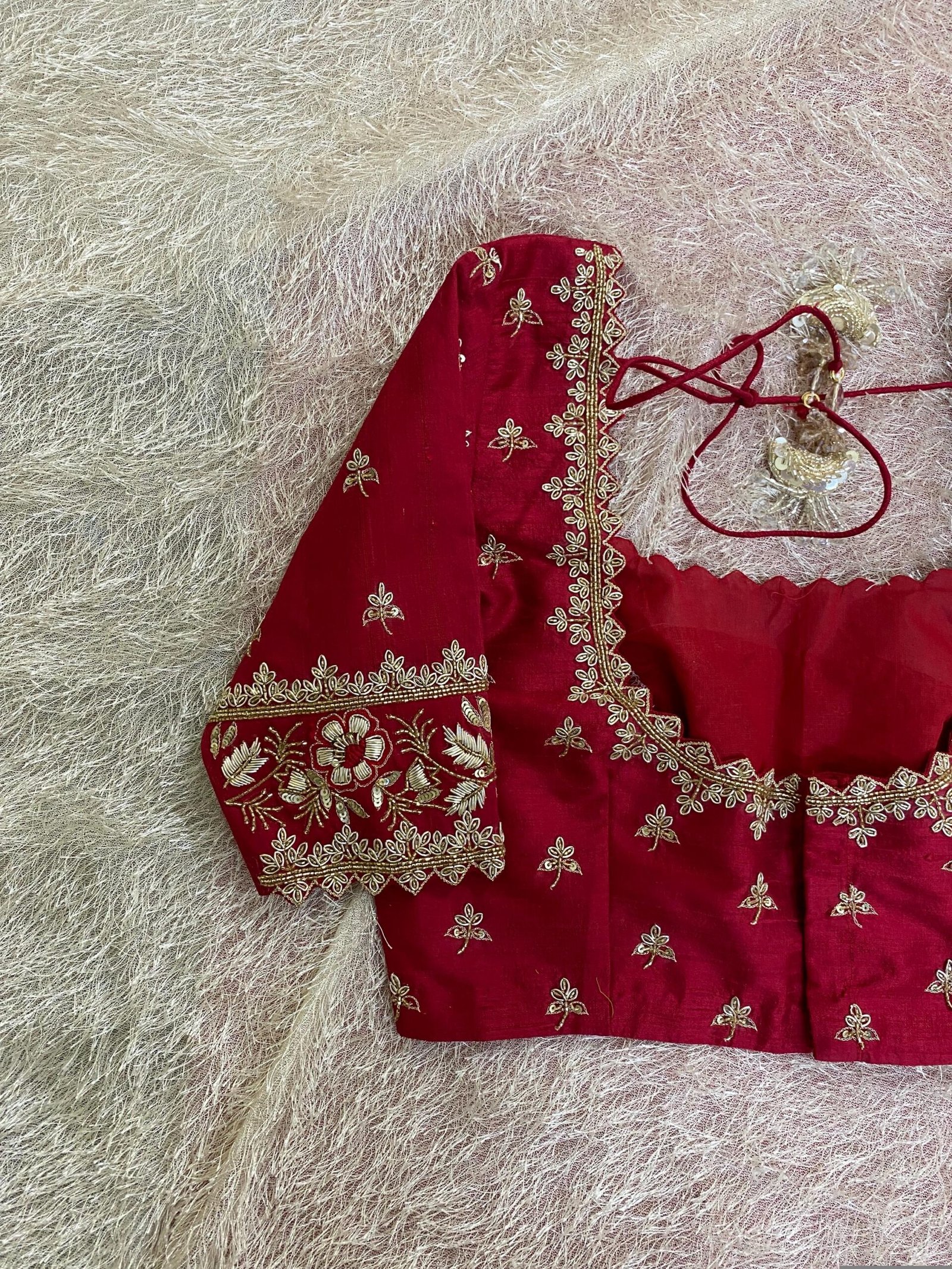 Hand Embroidered Pure Silk Blouse: Red Zardosi Maggam Saree Blouse