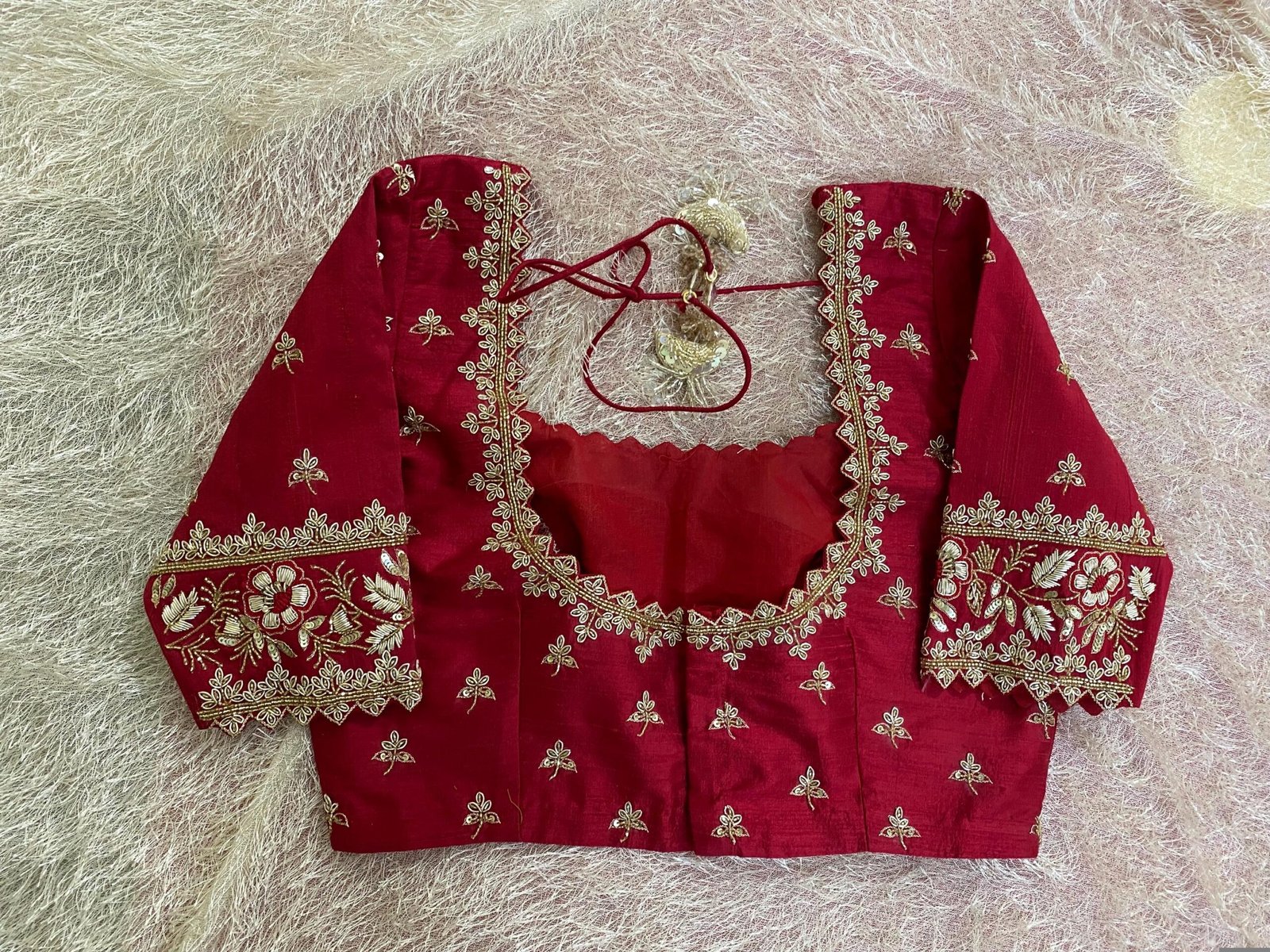 Hand Embroidered Pure Silk Blouse: Red Zardosi Maggam Saree Blouse