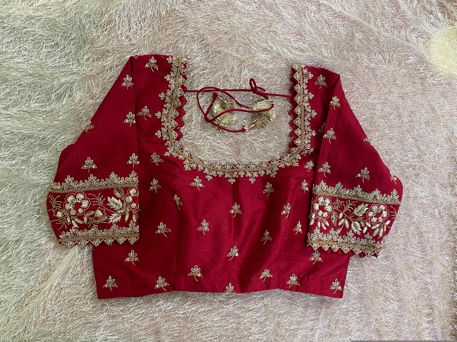 Hand Embroidered Pure Silk Blouse: Red Zardosi Maggam Saree Blouse