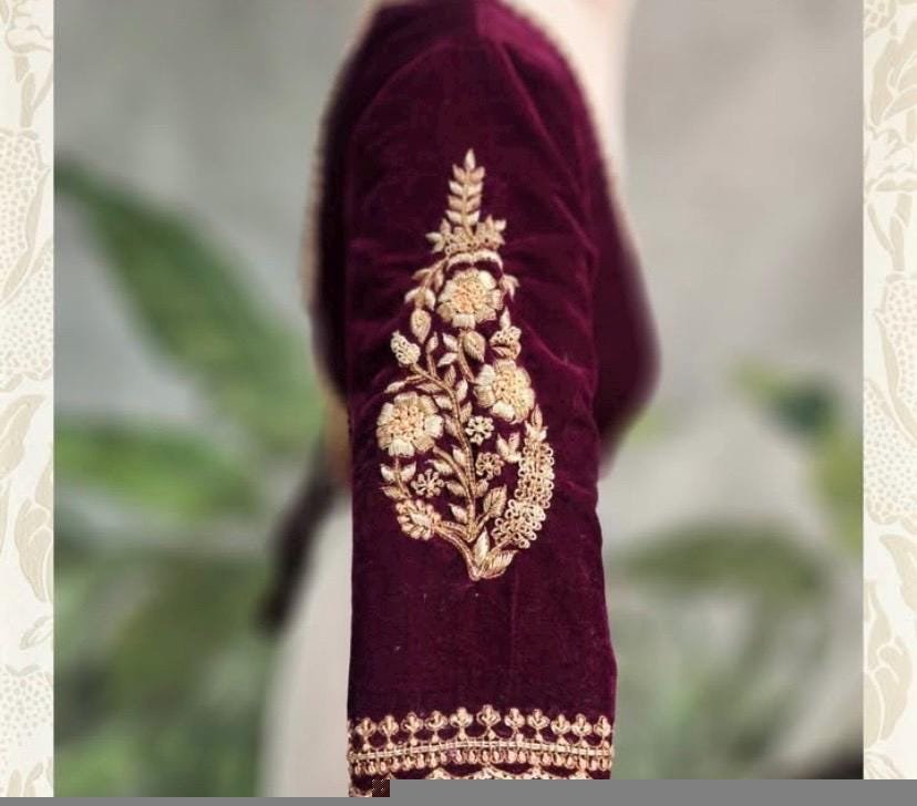 pure velvet hand embroidery blouse/v neck maggam blouse/red zardosi blouse/velvet hand embroidered blouse/burgundy velvet ready made blouse