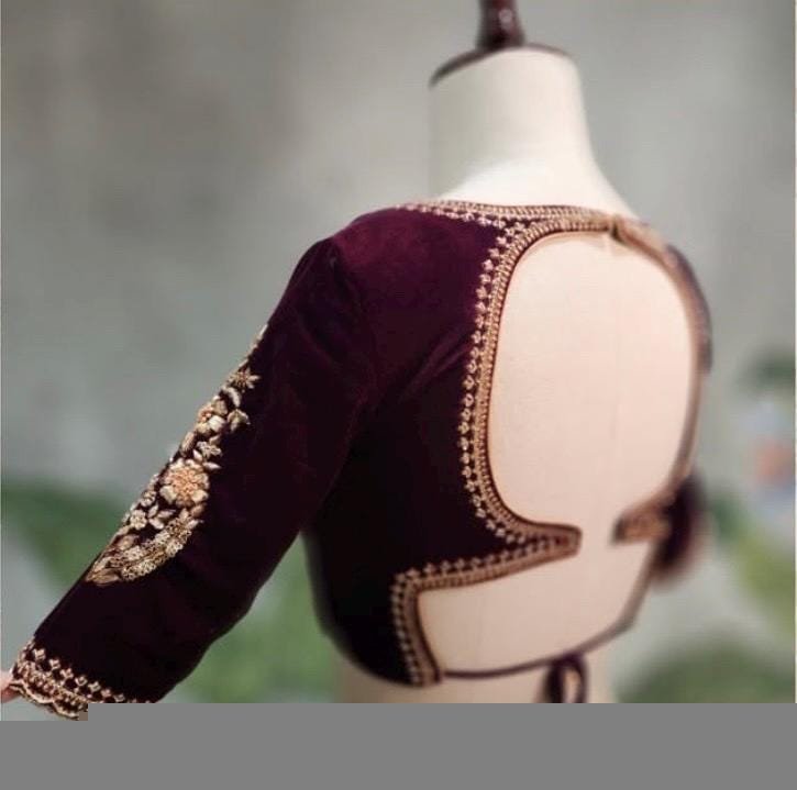 pure velvet hand embroidery blouse/v neck maggam blouse/red zardosi blouse/velvet hand embroidered blouse/burgundy velvet ready made blouse