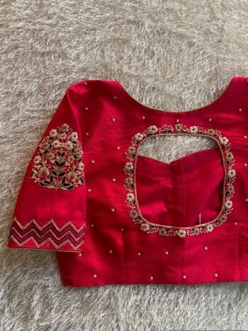 pure silk hand embroidery blouse/reddish pink maggam blouse /raw silk zardosi blouse/hand embroidered blouse /red ready made blouse zardosi