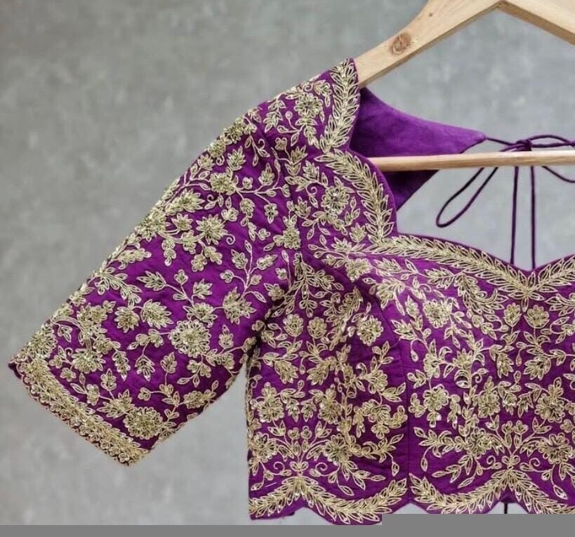 pure silk hand embroidery bridal blouse/ maggam blouse/purple bridal zardosi blouse/hand embroidered blouse/heavy embroidery wedding blouse