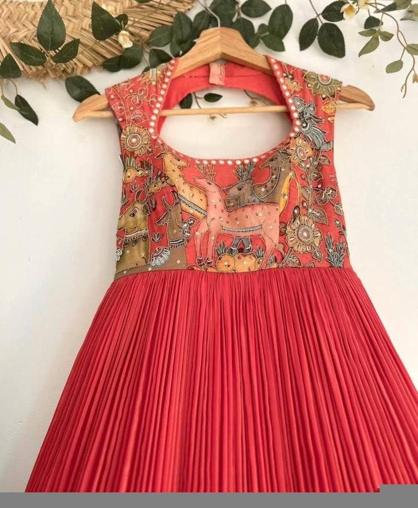 Women’s pure kalamkari anarkali with dupatta/Hand painted kalamkari dress USA/blue hand painted anarkali set/hand painted kalamkari dress us