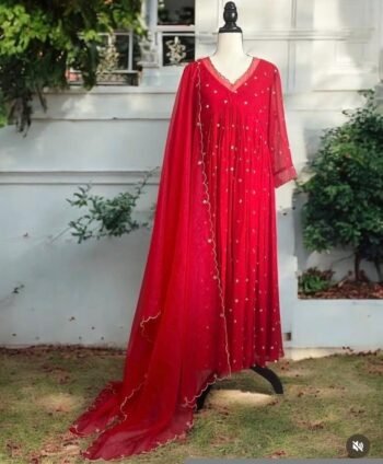 Hand embroidered Anarkali with pants/red anarkali suit set/anarkali wit dupatta red kurta with dupatta/red anarkali dress with dupatta