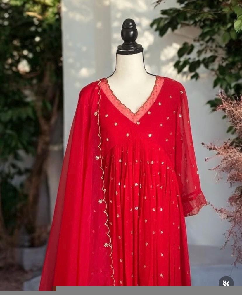 Hand embroidered Anarkali with pants/red anarkali suit set/anarkali wit dupatta USA/red kurta with dupatta/red anarkali dress with dupatta