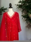 Hand embroidered Anarkali with pants/red anarkali suit set/anarkali wit dupatta USA/red kurta with dupatta/red anarkali dress with dupatta