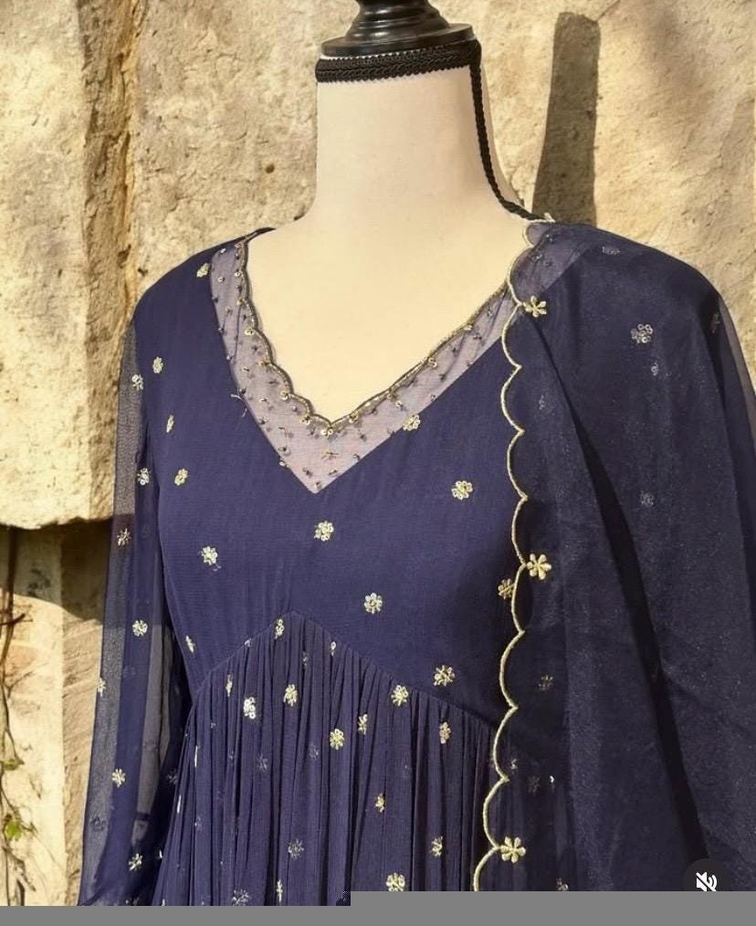 Hand embroidered Anarkali with pants/blue anarkali suit set/anarkali wit dupatta USA/blue kurta with dupatta/blueanarkali dress with dupatta
