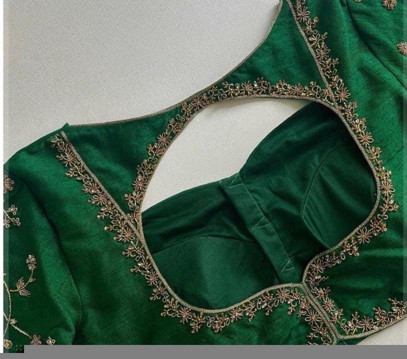 Hand Embroidered Zardosi Blouse: Green Raw Silk Maggam Blouse