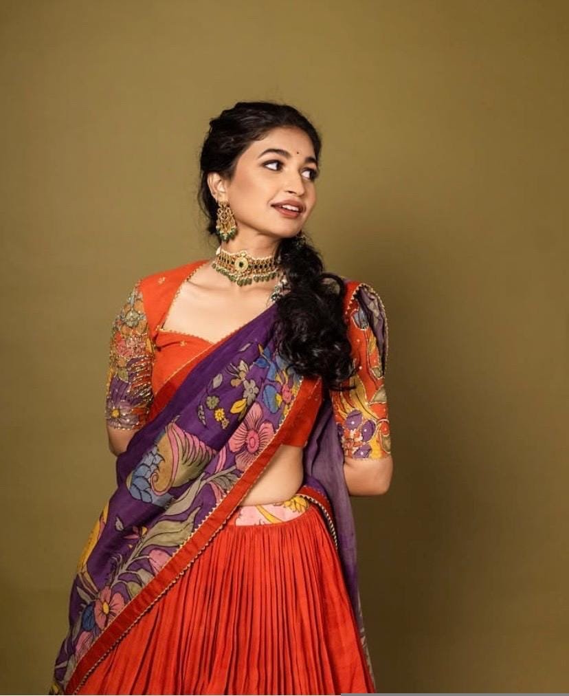 Hand-Painted Kalamkari Lehenga Set/Orange Silk Crop Top,Green Dupatta, Kalamkari lehenga set,hand painted lehenga set,kalamkari skirtset usa